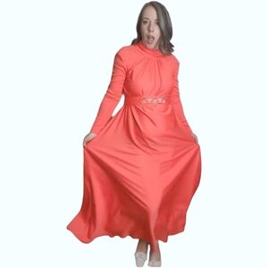 Vintage 70s Coral Long Sleeve Maxi Belted Dress Size S/M